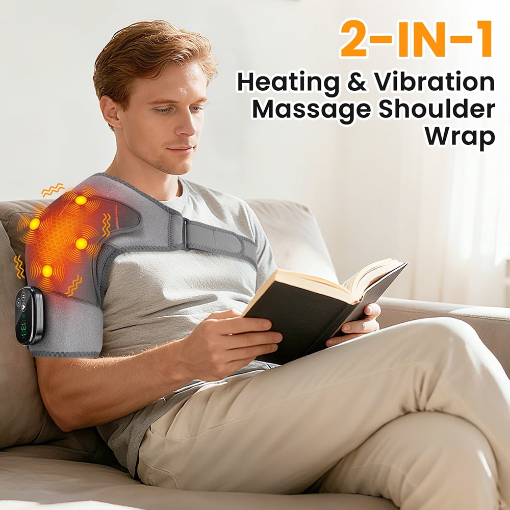 Cordless Shoulder Heating Pad with Massage,4-Motor Heated Shoulder Wrap with Vibration,5 Heat Levels & Rechargeable Battery,Adjustable Shoulder Brace for Men Women,Wearable for Home Office Use