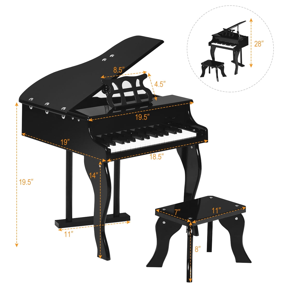 Classic 30 Key Baby Triangular Grand Wooden Piano with Bench Child-friendly NE 