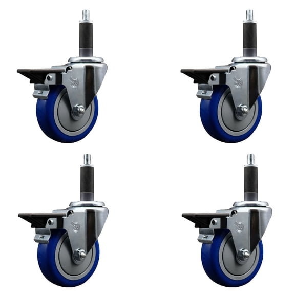 4 Inch Blue Poly Swivel 1 Inch Expanding Stem Caster Set with Brake SCC