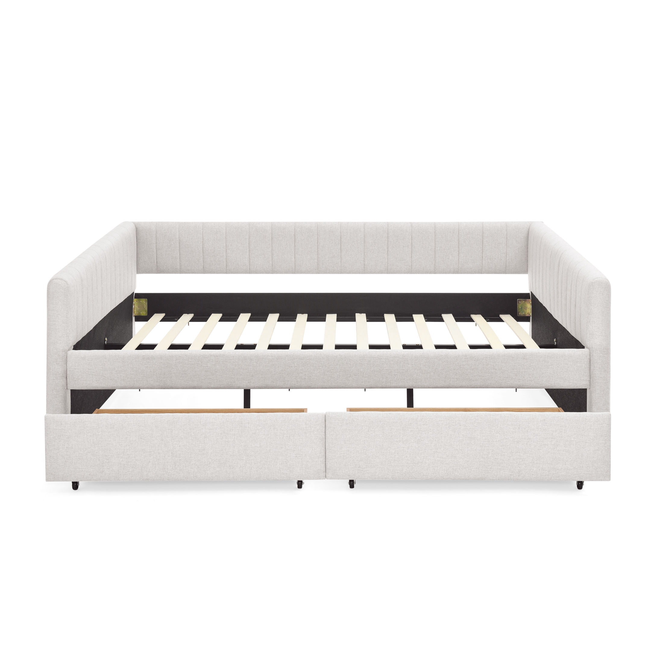 Noble House Solley Queen Size Daybed with Vertical Stripes & Storage Drawers, Linen Upholstered Sofa Bed, Beige