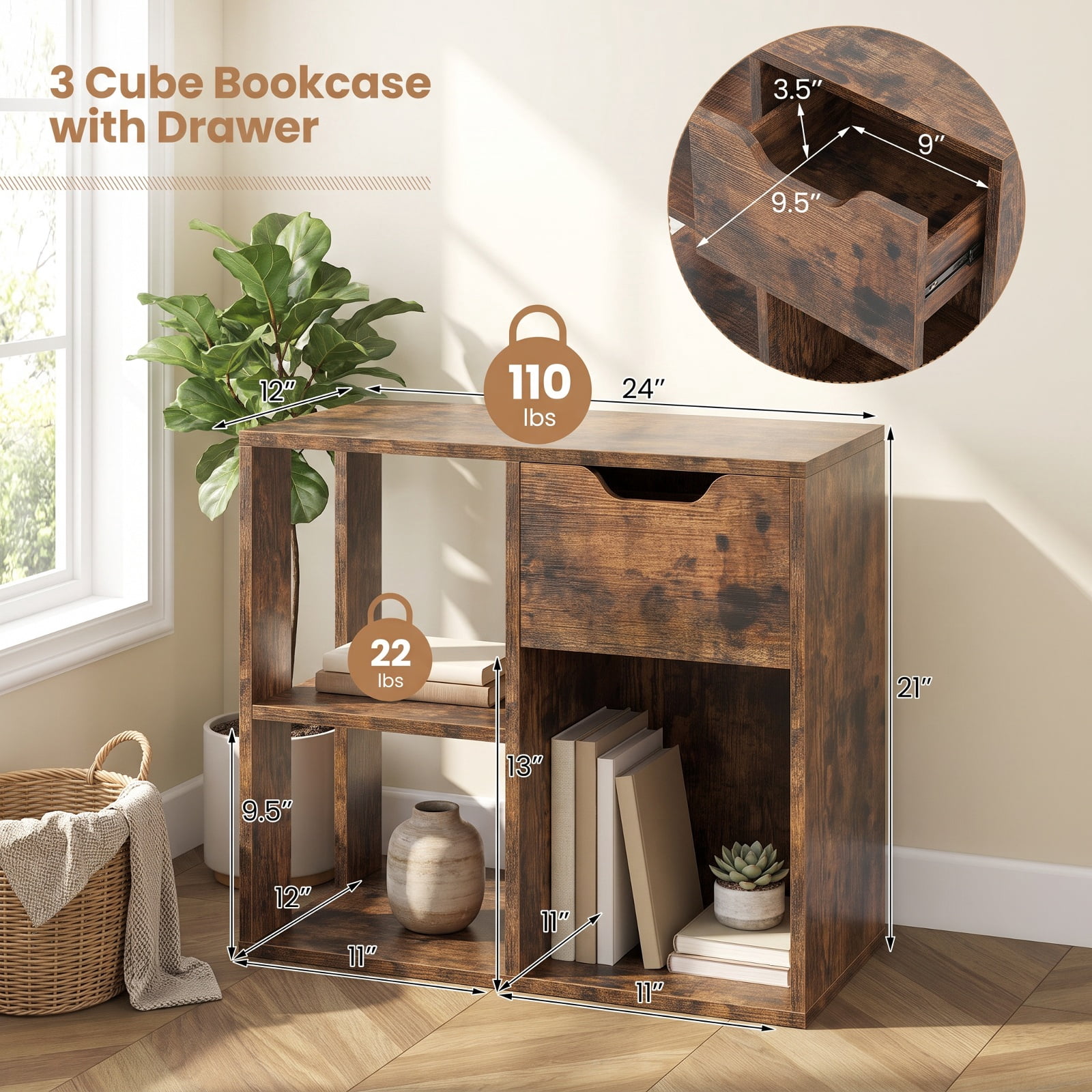 Furnibear 3-Cube Bookcase 2-tier Wooden Storage Shelf with Pull-out Drawer for Living Room Home Office Bedroom Display Storage Shelf, Brown