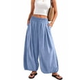 thumbnail image 6 of Wide Leg Pants for Women BWASD Casual Cotton Linen Elastic Waist Baggy Bloomers Pants Large Size Pocket Palazzo Trousers Fashion Beach Vacation 2046 Trendy (Sky Blue,L), 6 of 7