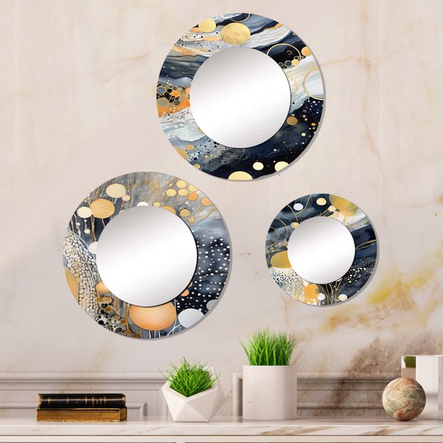Designart "Whimsical Pastel Abstract With Blue Black & Gold Spots X" Modern Geometric Round Mirror Set Of 3 - Modern Gold Round Office Wall Mounted Mirror Set