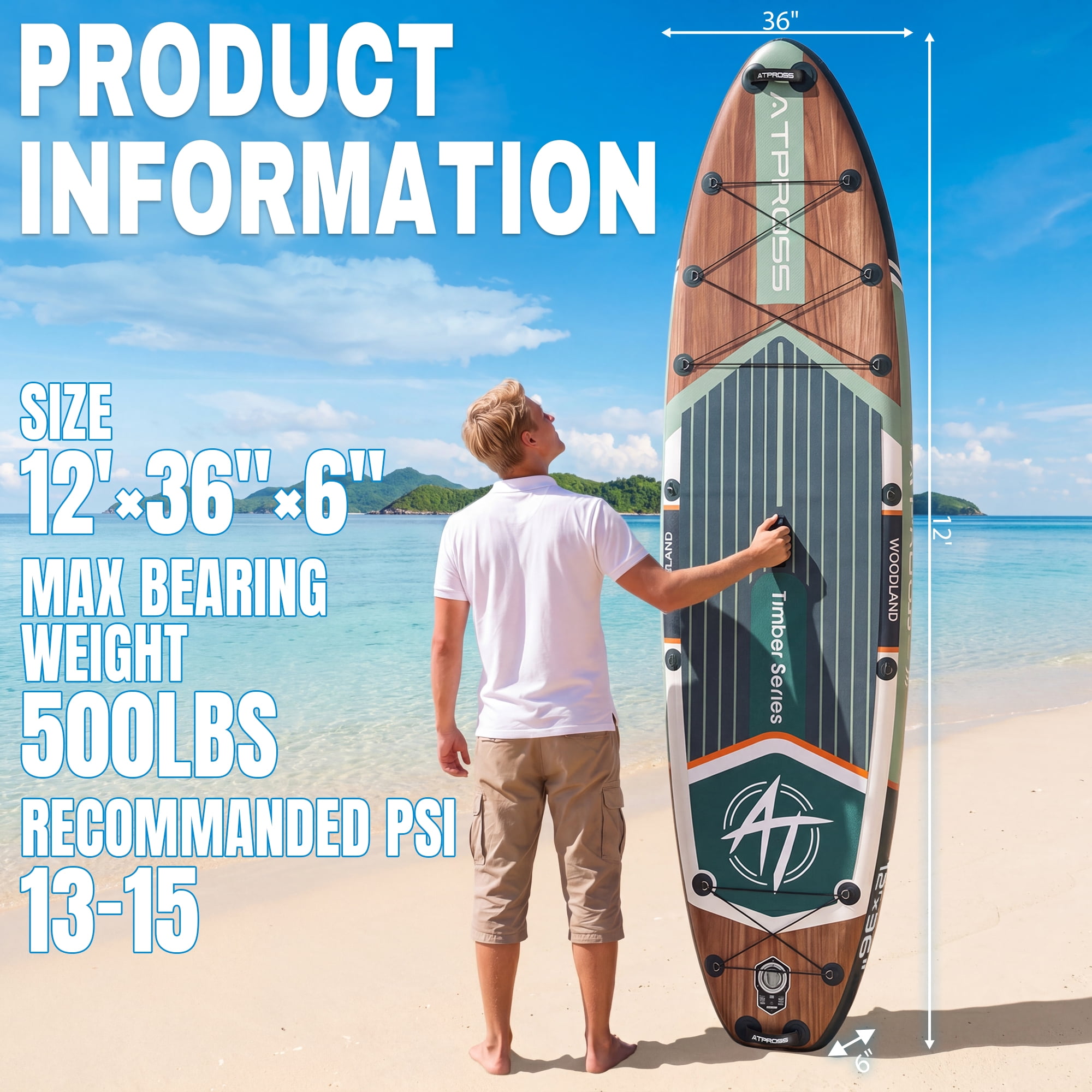 Ultifit Inflatable Paddle Board Extra Wide 500 Lbs Capacity Anti-Slip Design with SUP Accessories and Seat 12' x 36"
