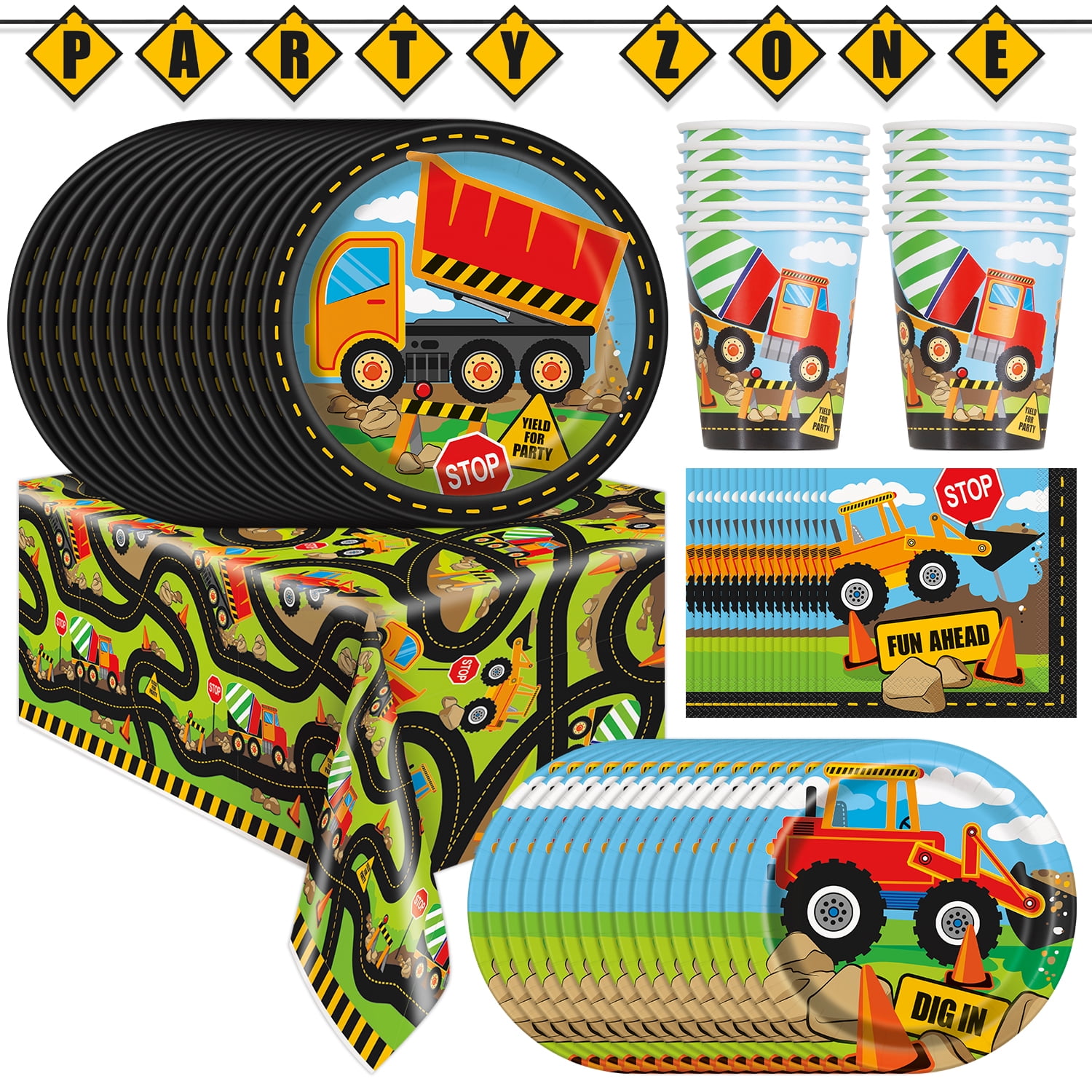 Construction Birthday Party Supplies | Construction Party Decorations | Includes Construction Tablecloth, Napkins, Plates, Cups, Banner | Construction Party Supplies and Decorations Serves 16
