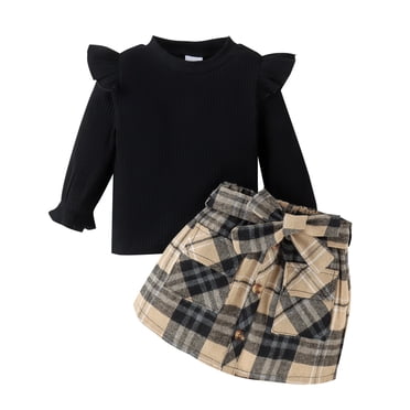 Biekopu Toddler Girl Summer 2Pcs Outfit Solid Ribbed Bubble Short Sleeve Tops With Plaid Print A Line Skirt Set