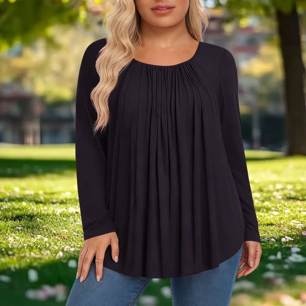 TaTaai Ladies Plus Size Loose Fit Solid Color Long Sleeve Crew Neck Tops Pleated Detail Casual Soft Comfortable Elegant Blouse For Women Daily All Season Gift