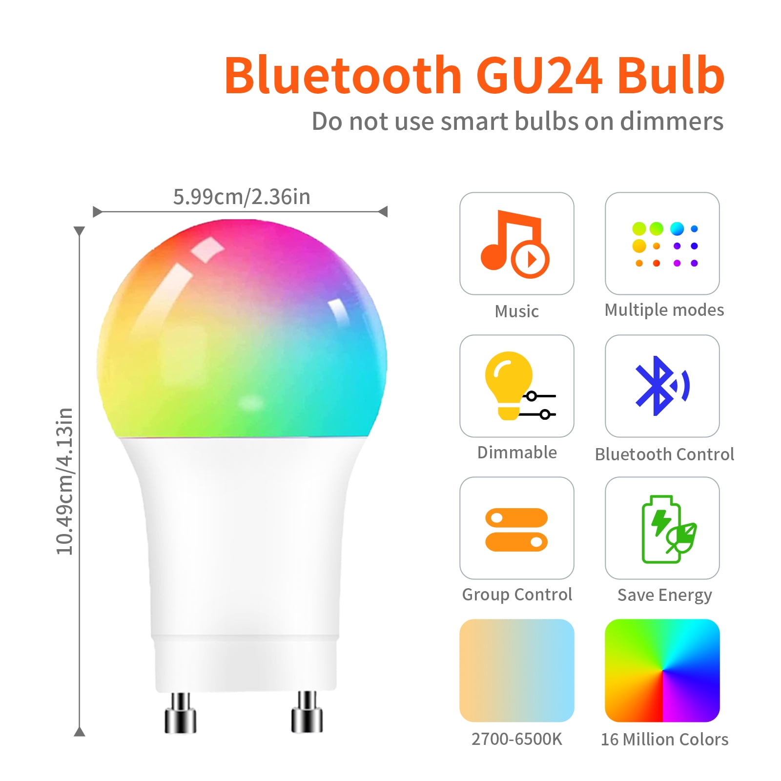 GU24 Smart LED Light Bulbs 4 Pack, Bluetooth Smart Bulb with Music Sync, 12W 1200LM Super Bright RGBCW Color Changing LED Bulb, 2700K-6500K, Dimmable, CFL Halogen Replacement (Not Support Alexa)