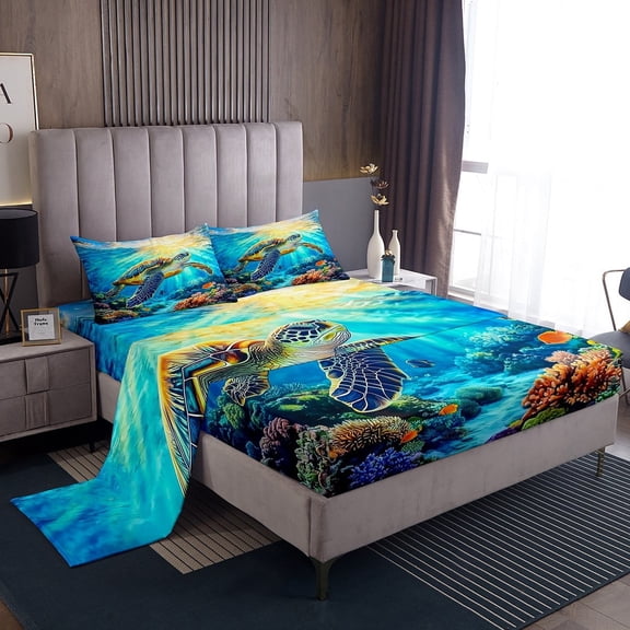 Erosebridal Sea Turtle Bed Sheets Set Twin Size, Ocean Sealife Bedding Twin Size, Kawaii Animal Sheet Set Twin, Microfiber Bedroom Decorative, 3-Piece