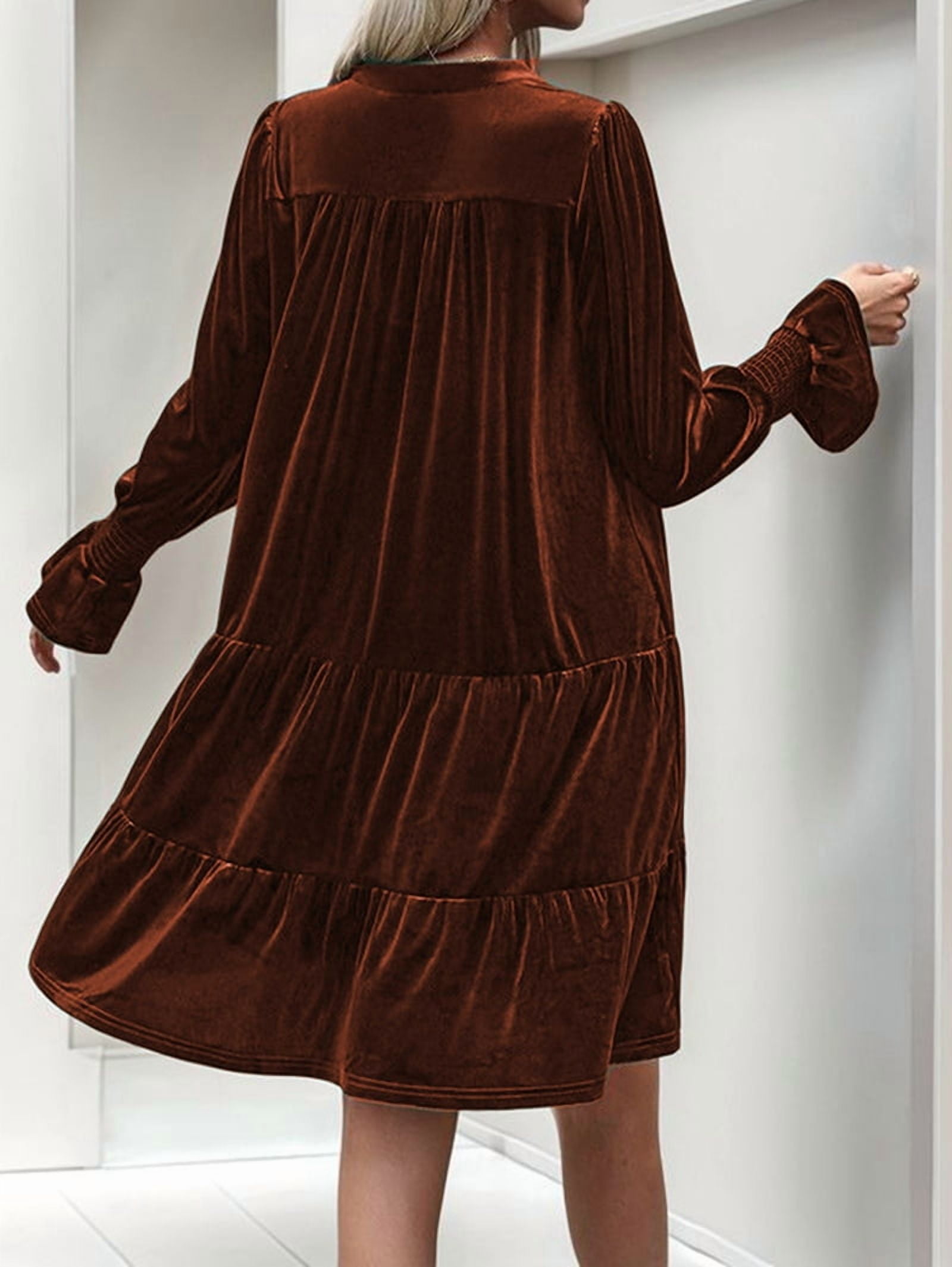 Women'S Elegant Velvet Long Sleeve Dress Casual Fall V Neck A Line Babydoll Flowy Formal Wedding Party Mini Dress Burn Orange M