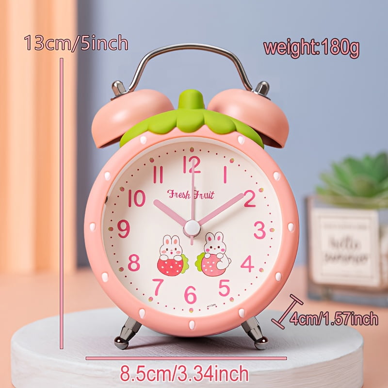 Strawberry-shaped alarm clock | Modern 3.5-inch battery-powered silent alarm clock with dual bells and a night light, suitable for offices, homes, kitchens, bedrooms, and schools.