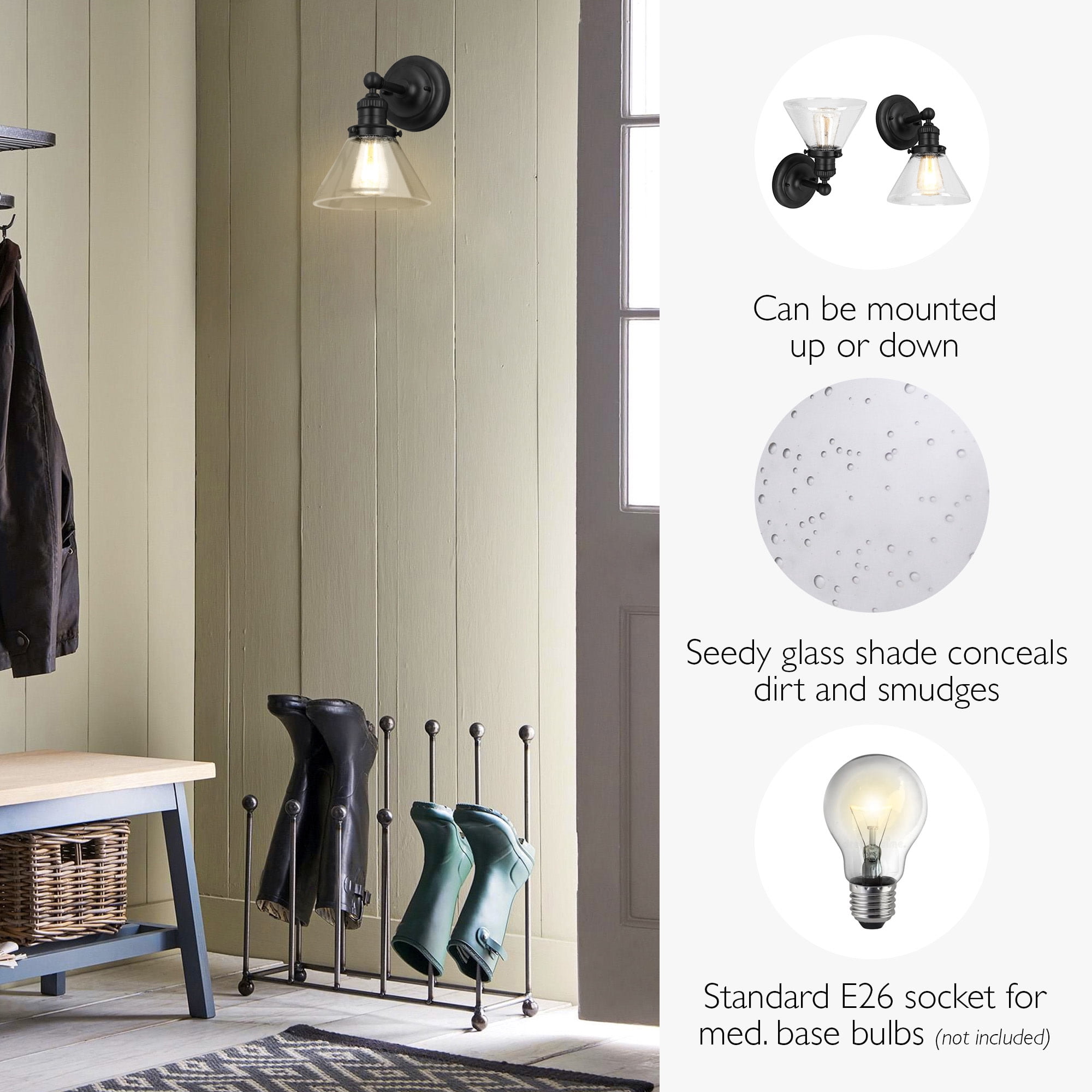 Corwin Wall Sconce, 1-Light Black Fixture with Seeded Glass, Dimmable, Dual Mount Up/Down, 7.9 in L x 8.5 in D x 11.1 in H