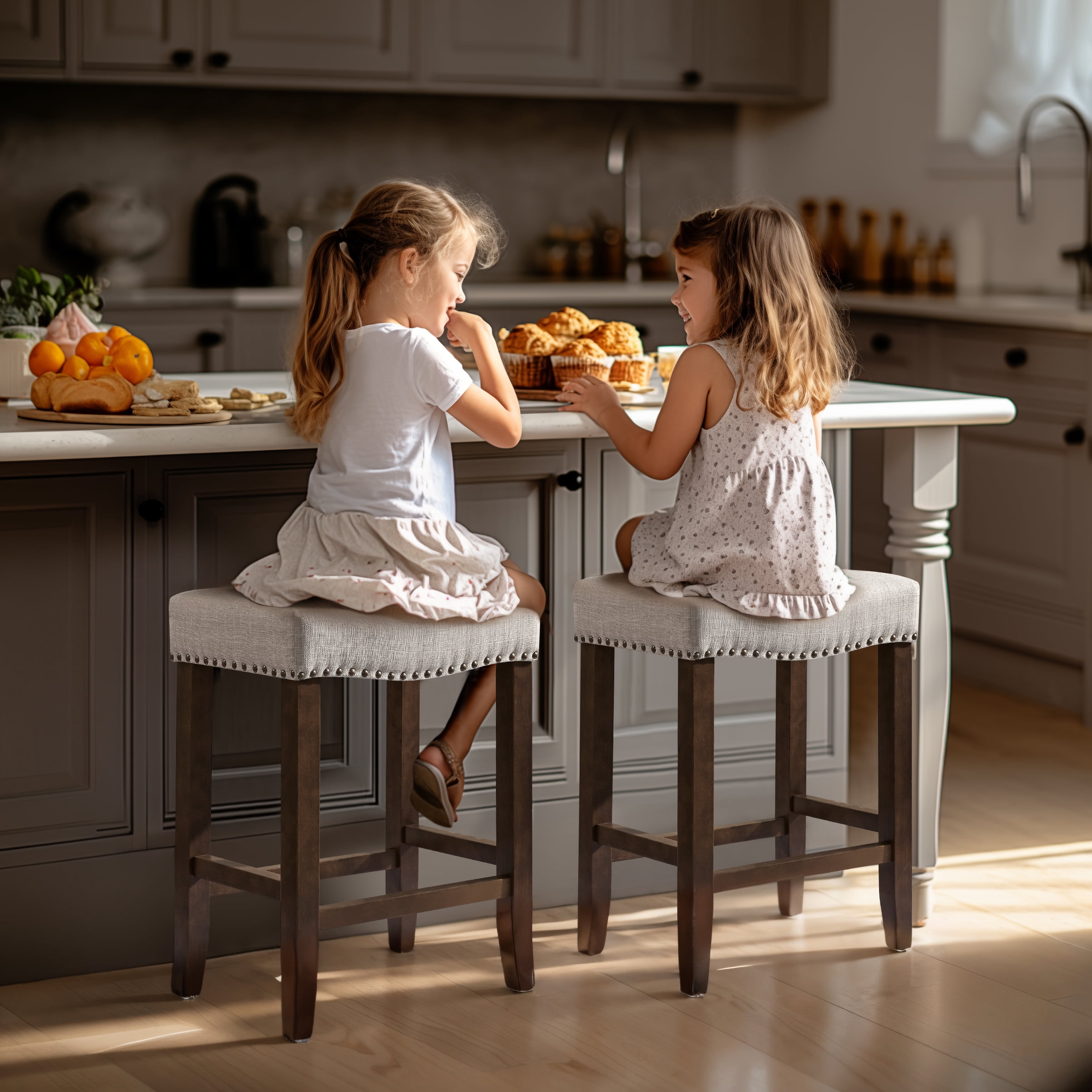 Subrtex 29" Backless Bar Stool, Wood Upholstered Counter Stool for Kitchen, 4PC, Gray