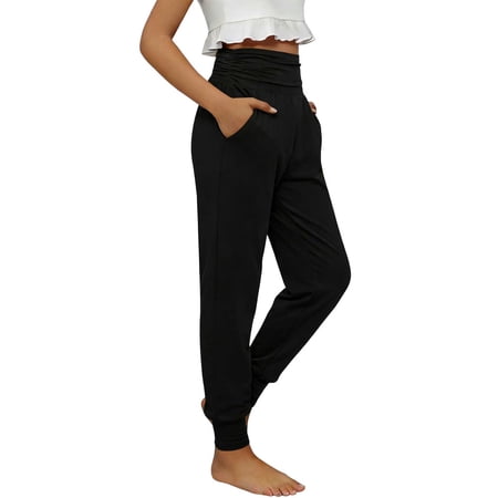 CQONEPT Girls Yoga Joggers Pant with Pockets Elastic High Waisted Sweatpants Lightweight Comfy Workout Pants for 4-15 Years Black 4-5Years
