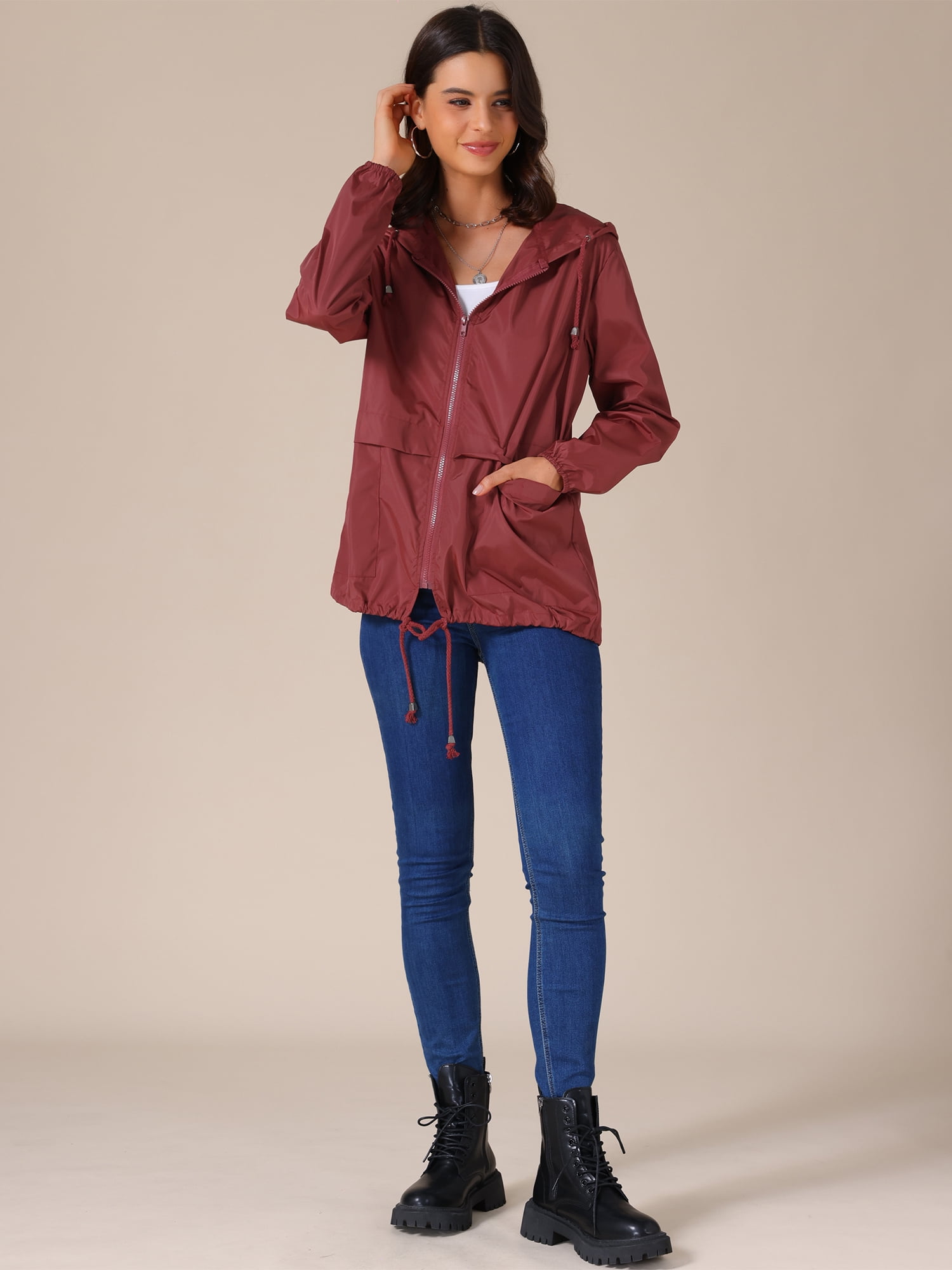 DARING DIVA Women's Lightweight Windbreaker Jacket with Hood Pockets L Wine Red