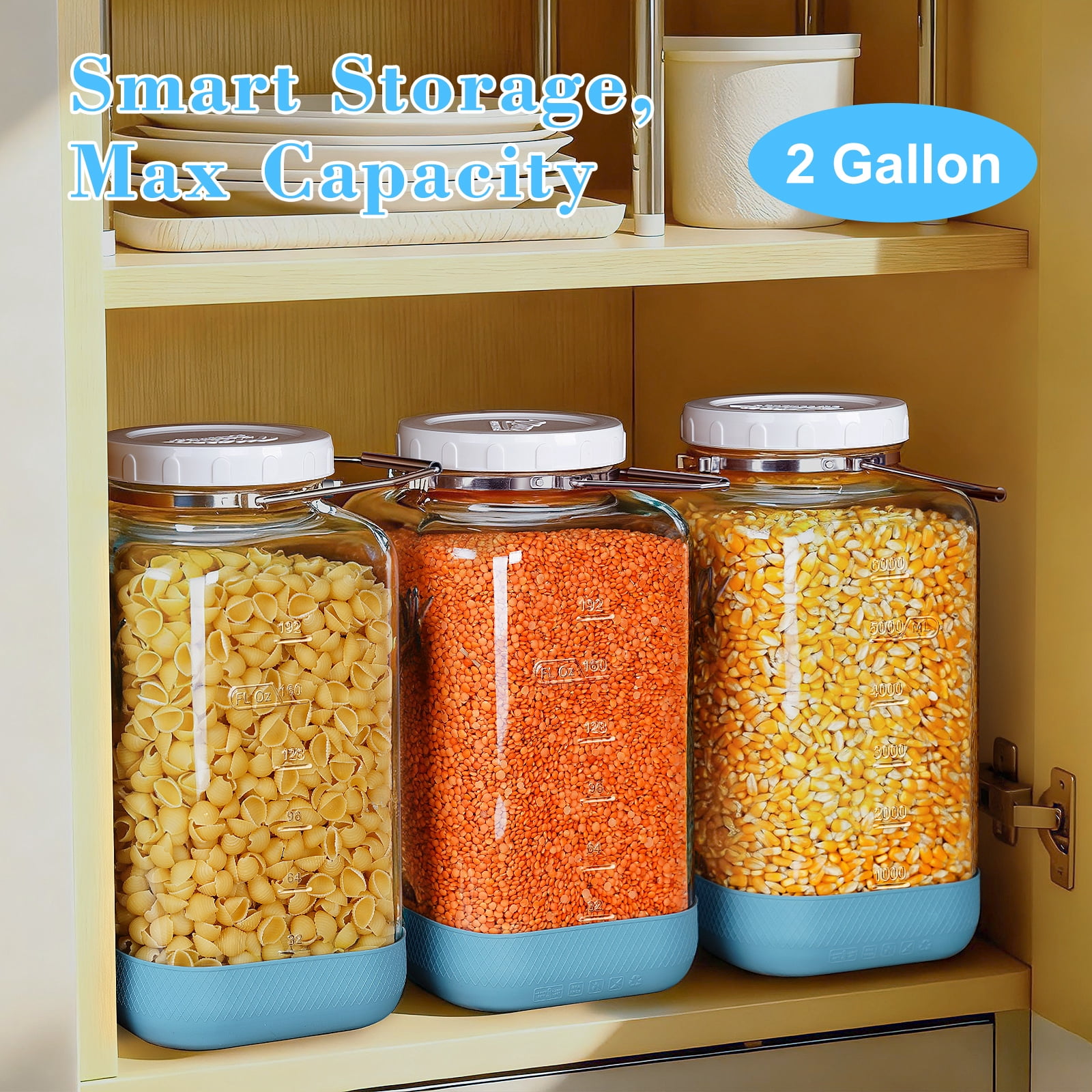 2 Pack 2 Gallon Glass Jar with Airtight Lid, 256 Oz Large Wide Mouth Mason Jar with Non-slip Base and Stainless Steel Handle - Glass Food Storage Containers for Flour, Cereals, Rice and Picking