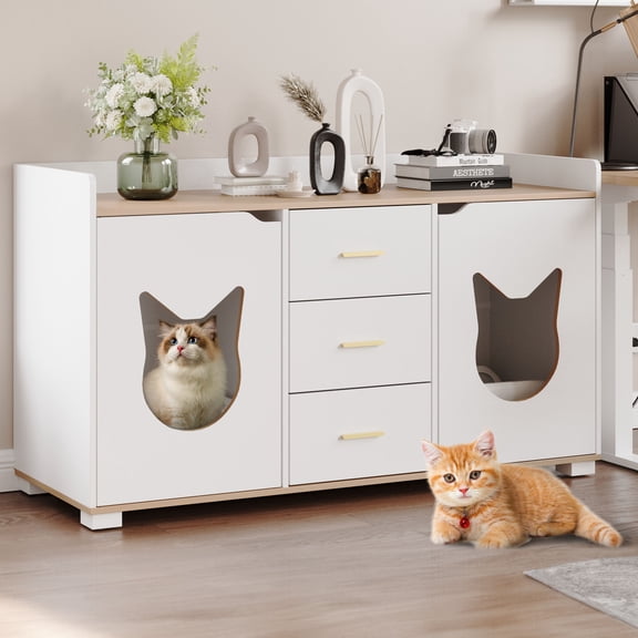 Craftian Litter Box Enclosure with Drawers & Rooms, Wood Cat Litter Box Furniture Cabinet, White