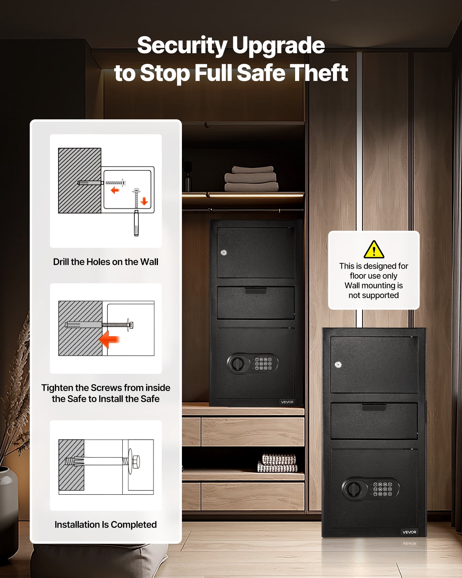 VEVOR 3.6 Cubic Feet Drop Safe,Large Capacity Front Drop Slot Safe Box with Digital Keypad, Heavy Duty 3 Tiers Cash Depository Box with Spare Keys for Cash, Bank Slip, Jewelry, Document, Bill, Black