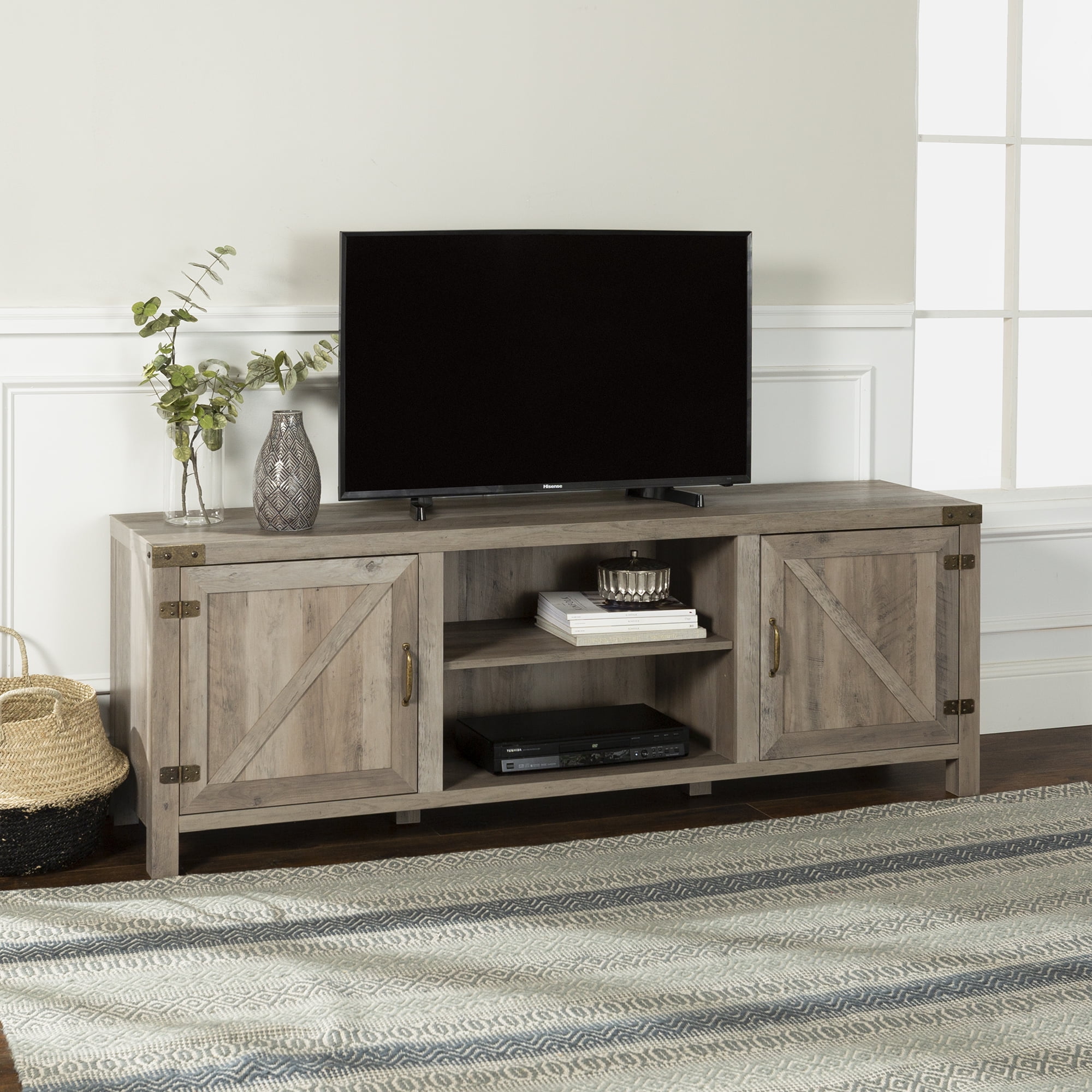 Manor Park Farmhouse Barn Door TV Stand for TVs up to 80", Grey Wash