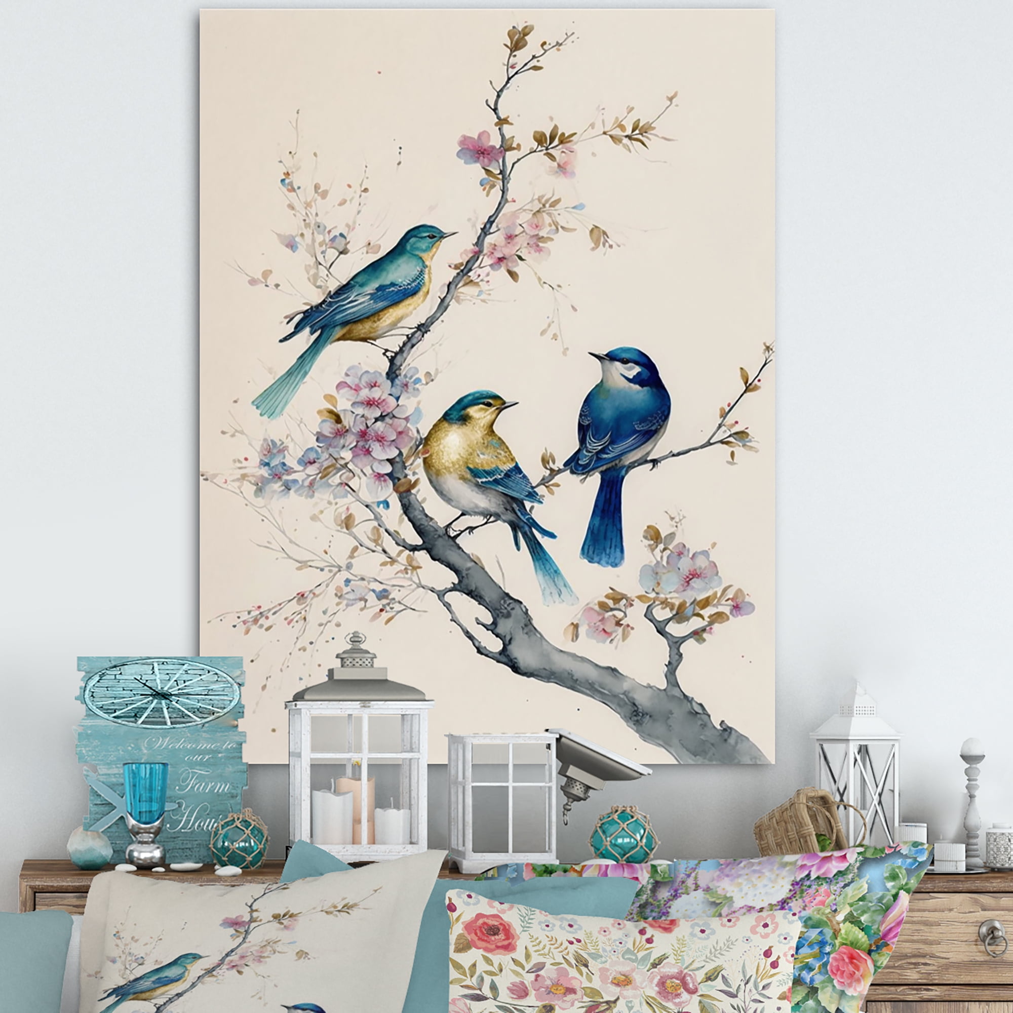 Designart Multicolor Birds On Plum Blossoms Tree III Canvas Wall Art