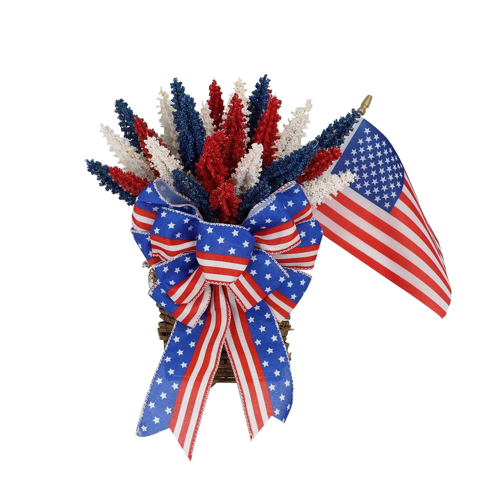 4th of July Wreath with Bow, Independence Day Red White Blue Patriotic Wreath, Flag Ribbon for Front Door Summer Holiday Decor