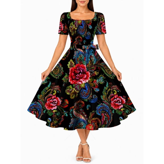 Women'S Paisley Rose Dress Square Neck Short Sleeve Fit And Flare Vintage Swing Midi Dress