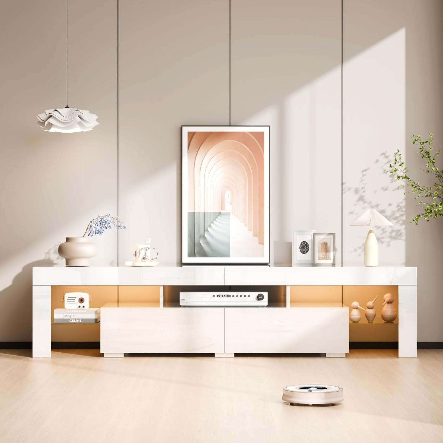 VINGLI LED TV Stand, 63'' High Glossy Modern Entertainment Center with LED Lights and Storage for 55/60/65/70 Inch TV (White, 63'' x 14'' x 18'')