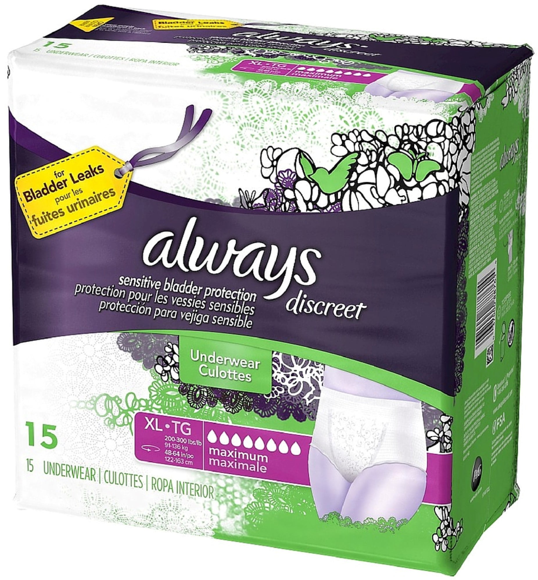Always Discreet Maximum Absorbency Incontinence Underwear, XL, 3 packs