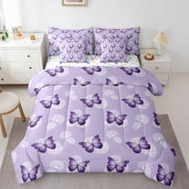 Homewish Purple Butterflies 7pcs Bedding Comforter Set For Girls,Chic Floral Dandelion Queen Bedding Sets Super Cozy,Dreamy Princess Queen Sheet Sets,Lightweight Room Decor,Reversible