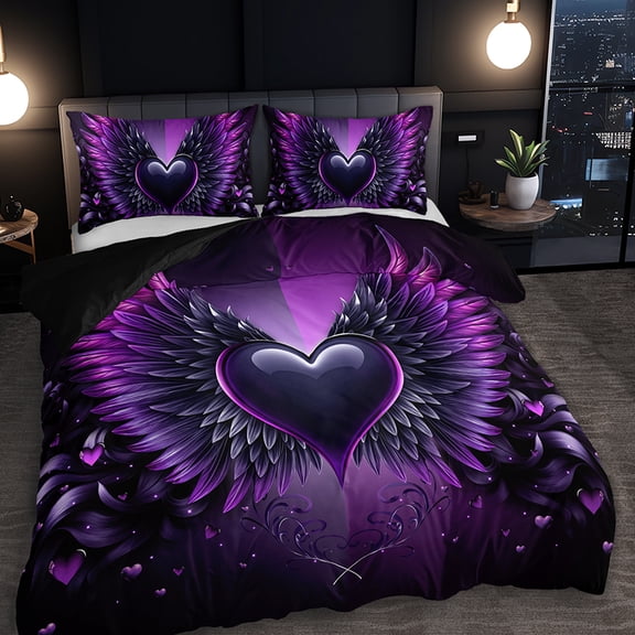 3PCS Cool and stylish purple-winged love blanket set Applicable throughout the four seasons, (1 blanket 2 pillowcases, without filling material)