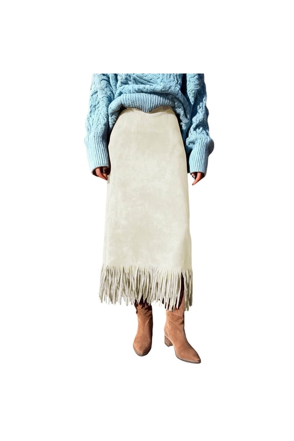 Western Dress for Women High Waist Suede Maxi Skirt Fringe Tassel Hem Midi Dress Boho Cowgirl Festival Style Winter Fall Evening Gown