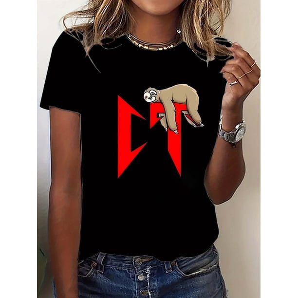 Y2K-Inspired Sloth Cartoon Graphic Tee - Comfy Stretch Crew Neck T-Shirt for Women, Perfect for Casual Wear & Sports