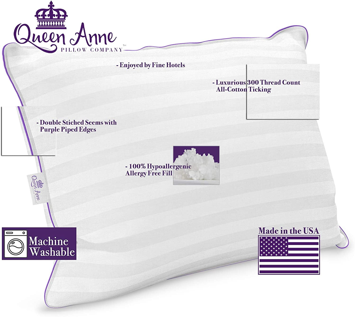 Two (2) Pack Pillows - Luxury Synthetic Down Alternative Pillows - Queen Anne Pillow Co. Majesty Down - Hypoallergenic Allergy Free Bed Pillows - Made in USA (Queen Firm)
