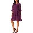 thumbnail image 4 of Vestido de gasa con volantes para mujer Inspire Chic, de capas, fluido, de manga 3/4, corte A, hasta la rodilla, color púrpura oscuro, talla S, 4 of 6