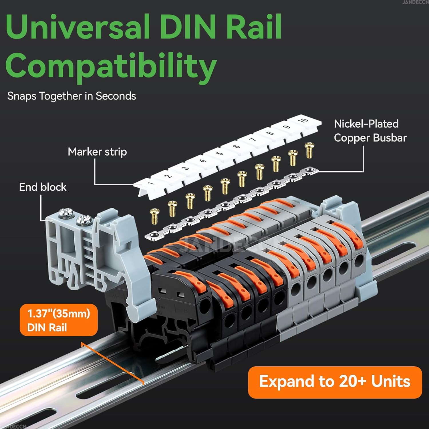 Rail Terminal Block Kit, Includes 20 Universal Compact Wire Connectors + 2 Connecting Rods + 2 Marking Strips + 2 Terminal End Stops + 20 Screws, Suitable for 24-12