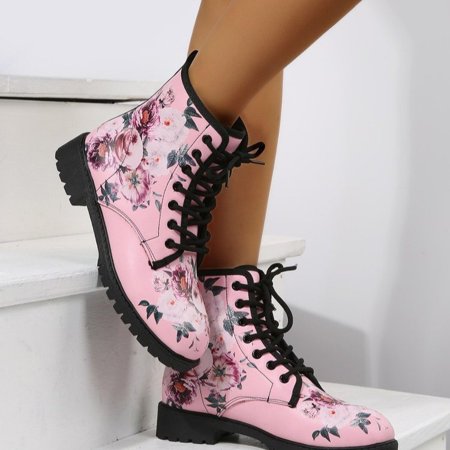

European and American rose printed high-top boots Women‘s large size fashion boots boots autumn and winter New Fashion overalls boots