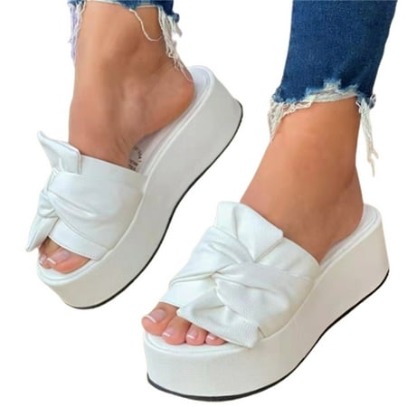 

Women\ s Platform Slippers Sandals Flat Heel Bowknot PU Summer Slide Shoes