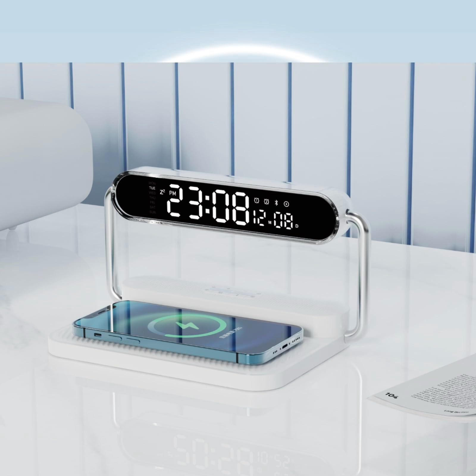 4-in-1 Smart Digital Alarm Clock – 15W fast wireless charger, LED display with auto DST & brightness adjustment, USB port, volume control. Ideal for bedroom, desk, nightstand