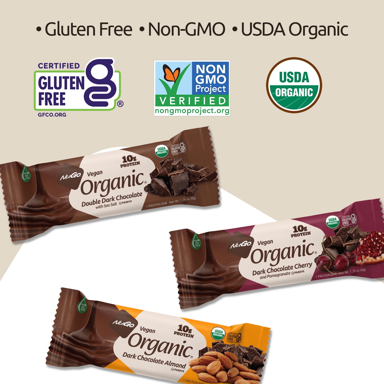 NuGo Organic Dark Chocolate Cherry and Pomegranate, 10g Vegan Protein, Gluten Free, 24 Count