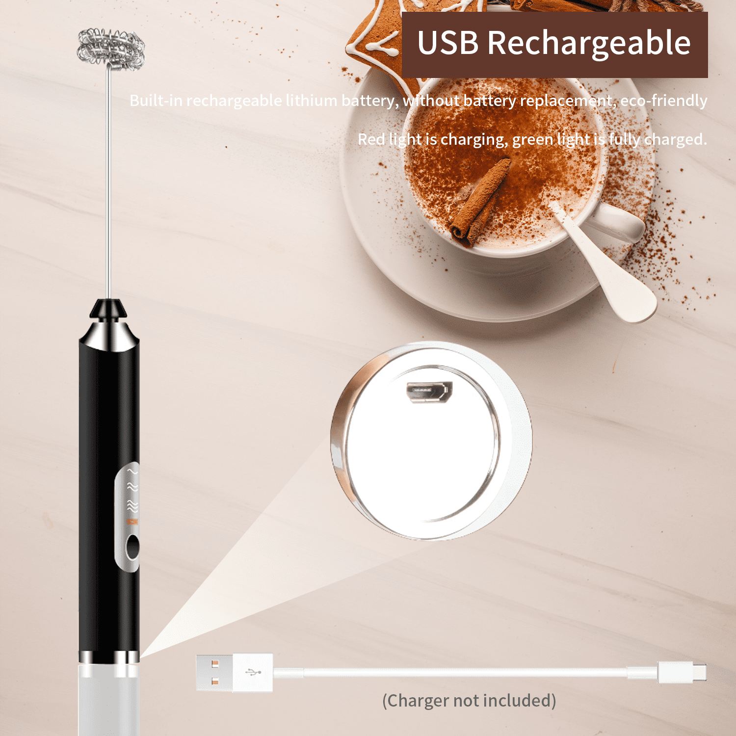 Quanmin Rechargeable Milk Frother Wand Ultra Fast Handheld Drink Mixer Electric Whisk Foam Maker for Coffee, Egg, Lattes, Cappuccino, Matcha, Hot Chocolate,Black