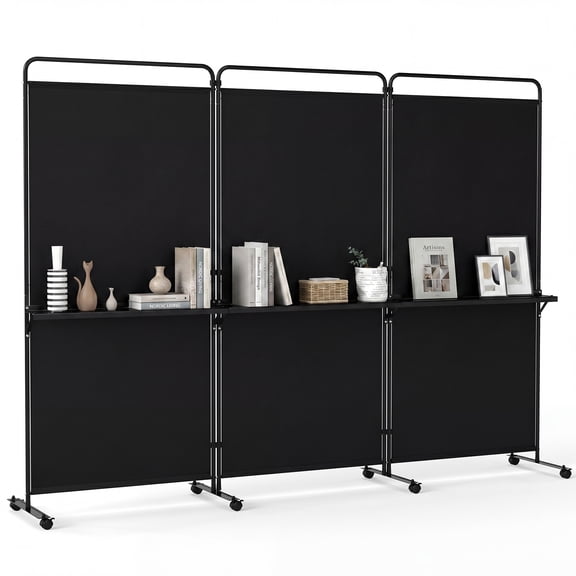 Costway 3-Panel Room Divider with Storage Shelves 6FT Tall Folding Privacy Screen on Wheels Black