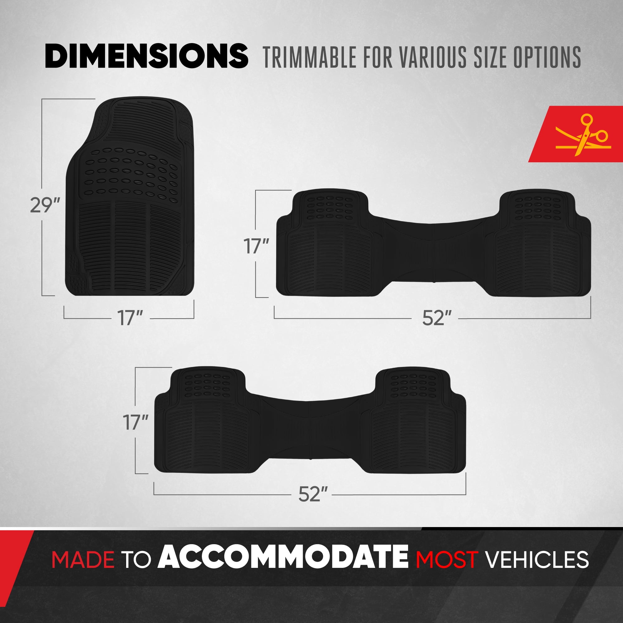 BDK All Weather Rubber Floor Mats for Cars - Fit 3 Rows Full Set, Heavy Duty Car Mats - Fit Well, Easy to Install & Clean No Slip Design - Universal SUV, Van, & Car Accessories (Black)