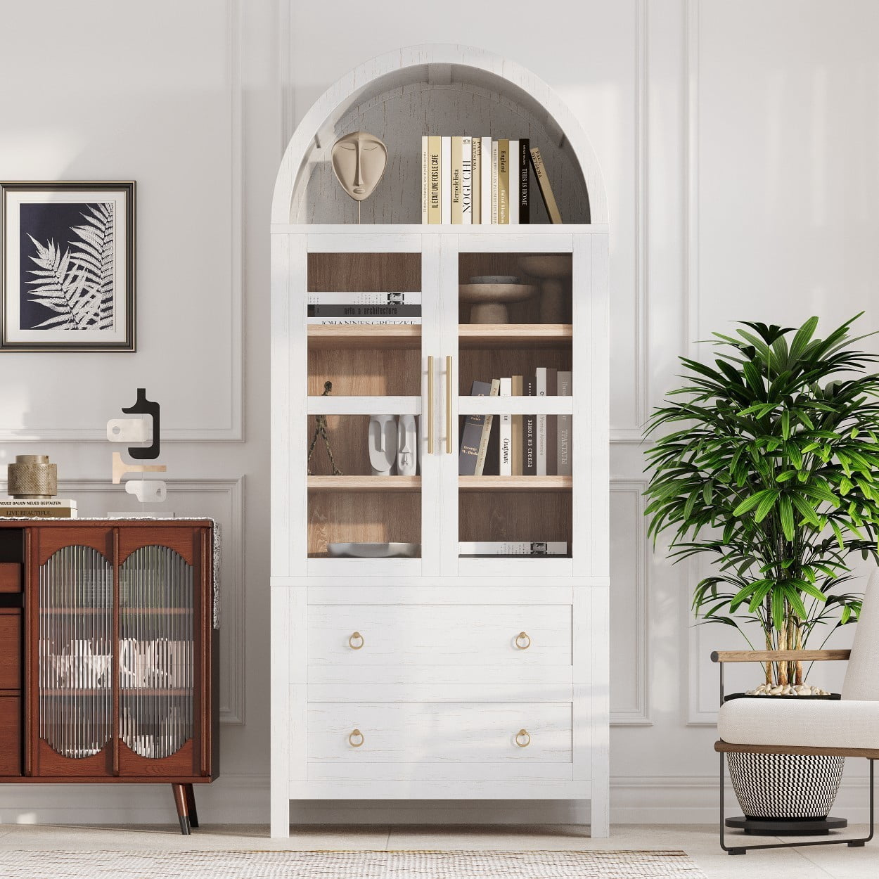 71" Tall Arched Kitchen Pantry Cabinet, Farmhouse Storage Cabinet with 2 Glass Doors, 2 Large Drawers, Adjustable Shelves, Freestanding Cupboard for Kitchen Dining Room, White