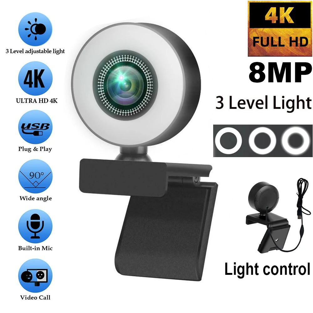 4K 2K 1080P Webcam Light Control Full HD 8MP Webcam PC Laptop Auto  Live Streaming Flexible with Microphone Live Broadcast