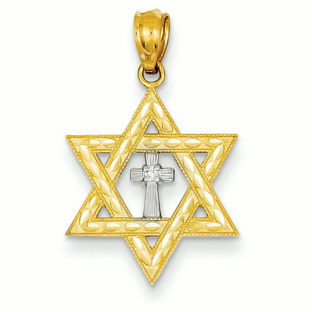14K White And Yellow Gold Diamond Star of David with Cross Charm Pendant