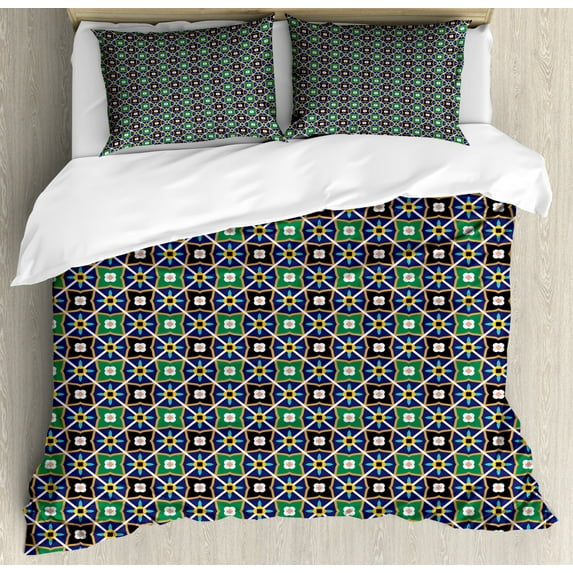 Antique Oriental Duvet Cover Set King Size, Vibrant Flowers Framed Connected Lines, Decorative 3 Piece Bedding Set with 2 Pillow Shams, Jade Green Earth Yellow Navy Blue Turquoise, by Ambesonne