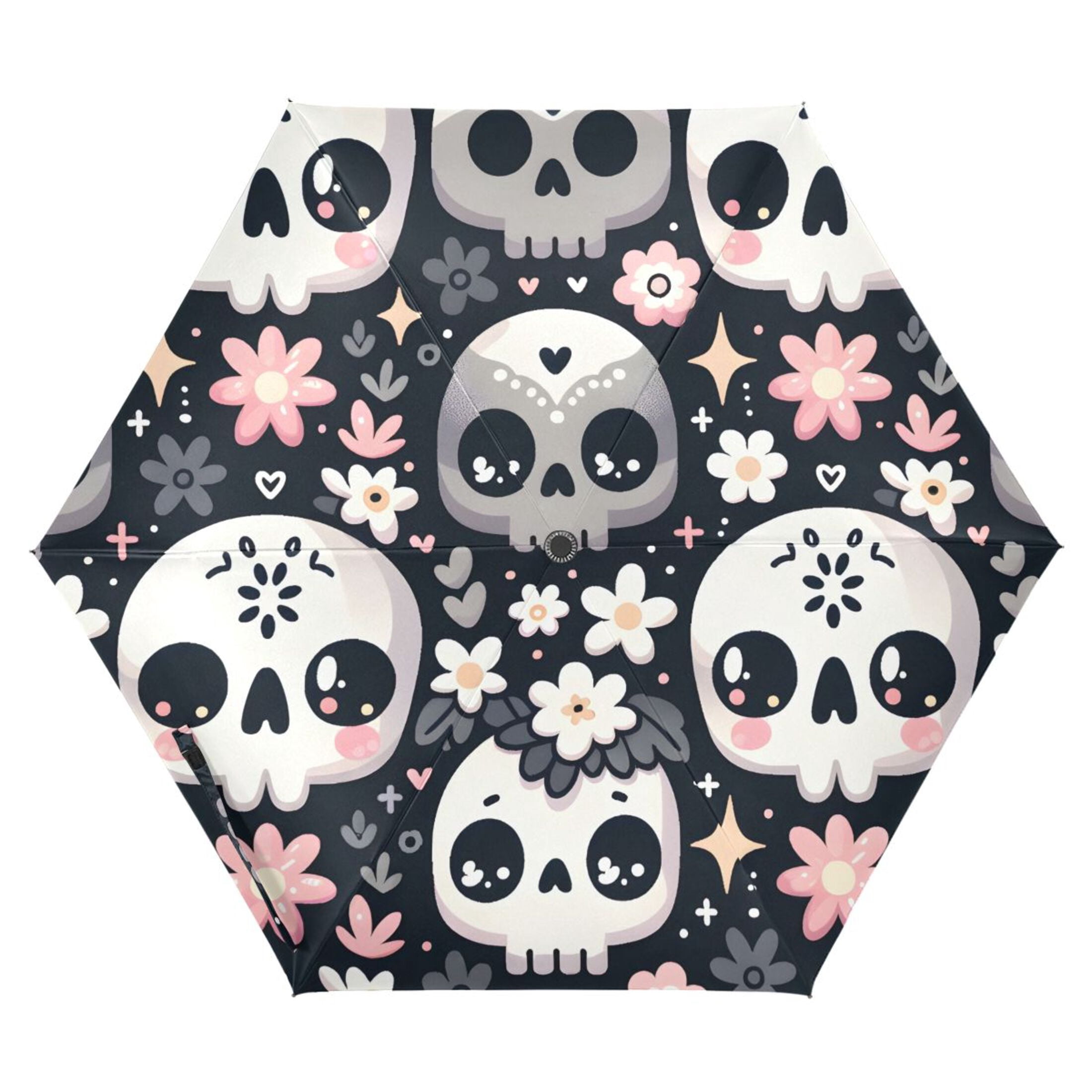 Funny Skull with Flower Compact Sun Umbrella Windproof Travel Umbrellas for Rain Strong Portable UV Protection