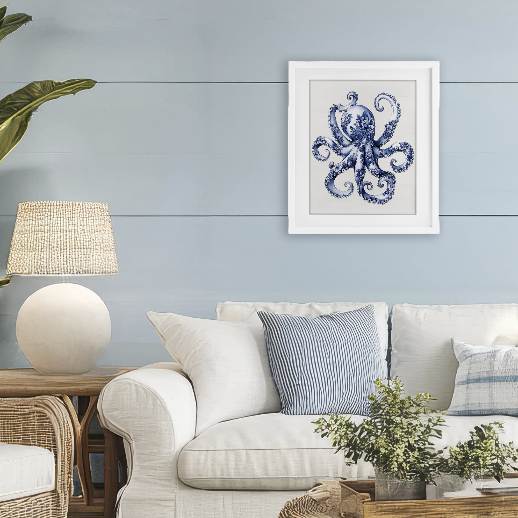 Funky Toile Octopus White Framed Print Under Glass, design by Lettered and Lined