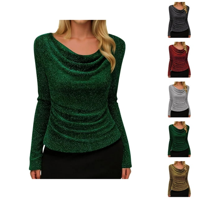Haut Scintillant pour Femmes Printemps 2026 Mode Manches Longues Col Bénitier T-Shirt Extensible Tenues de Soirée