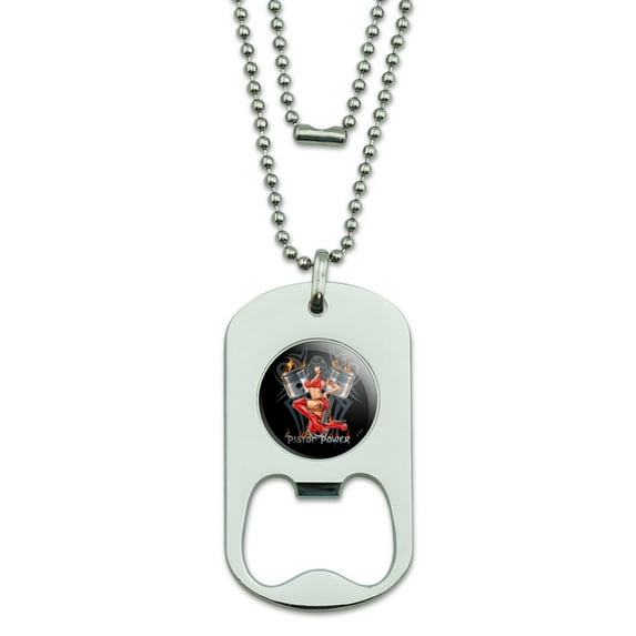 Piston Power Motorcycle Chopper Biker Military Dog Tag Bottle Opener Pendant